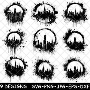 New York Logo City Skyline Wolkenkrabber Stedelijke Grunge Inkt Laserbestand SVG PNG JPG grijswaarden afbeelding branden gesneden vector Coaster zwart wit CNC hout
