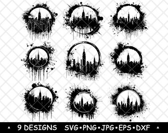 New York Skyline Grunge City Silhouette Urban Circle SVG Bundle Clipart Designs Laser Engraving