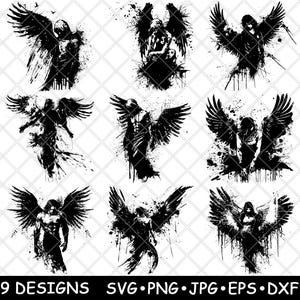 Fallen Angel Flying Ink Splatter Dark Ethereal Being Art Laser File SVG PNG JPG Grayscale Burn Image Cut Vector Coaster Black White Cnc Wood