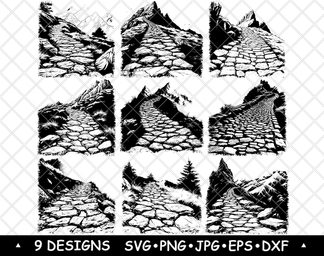 Cobbled Path Vector Cobblestone Path Clipart Vintage Stone Road Landscape PNG SVG Mountain ...