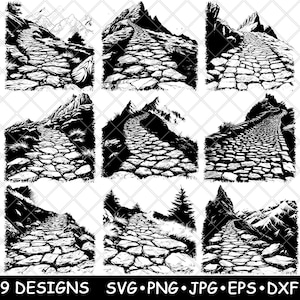 Kopfsteinpflaster Pfad Bergweg Steinbrett Rocky Ansicht Laser Datei SVG PNG JPG Graustufen Brennen Bild Schnitt Vektor Untersetzer Schwarz Weiß Cnc Holz