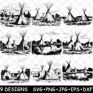 May include: Nine black and white illustrations of teepees in a variety of settings. Some teepees are in a forest, some are by a lake, and some are in a field. The illustrations are in a vintage style.