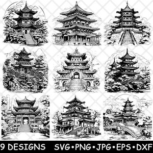 Pacote de arquivos SVG de pagodes asiáticos antigos: silhuetas de templos tradicionais para corte a laser e arte de parede oriental.