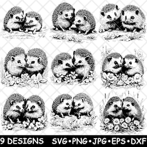 Hérisson couple paire épineux animal mignon faune fichier laser SVG PNG JPG niveaux de gris gravure image coupe vecteur sous-verre noir blanc cnc bois