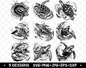 Sea Turtle Ocean Wildlife Swimming Marine Reptile SVG Bundle Clipart Designs Laser Engraving Print