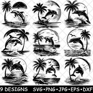 Strandscène Zonsondergang Dolfijn Sprong Tropische zee Palmboom Laserbestand SVG PNG JPG grijswaarden afbeelding branden gesneden vector Coaster zwart wit CNC hout