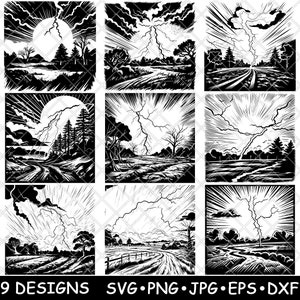 Peut inclure: Neuf motifs d'art numérique en noir et blanc représentant des paysages dramatiques avec des éclairs, des arbres et des routes. Les motifs sont de style bande dessinée. Le bas de l'image contient le texte "9 DESIGNS SVG • PNG • JPG • EPS • DXF".