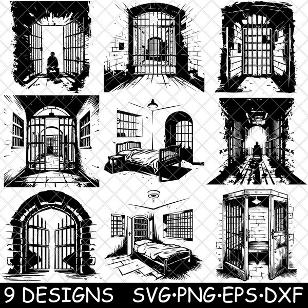 Prison Cell Jail Dungeon Incarcerate Penitentiary Detain Inmate  SVG,DXF,Eps,PNG,Cricut,Silhouette,Cut,Laser,Stencil,Sticker,Clipart,Print