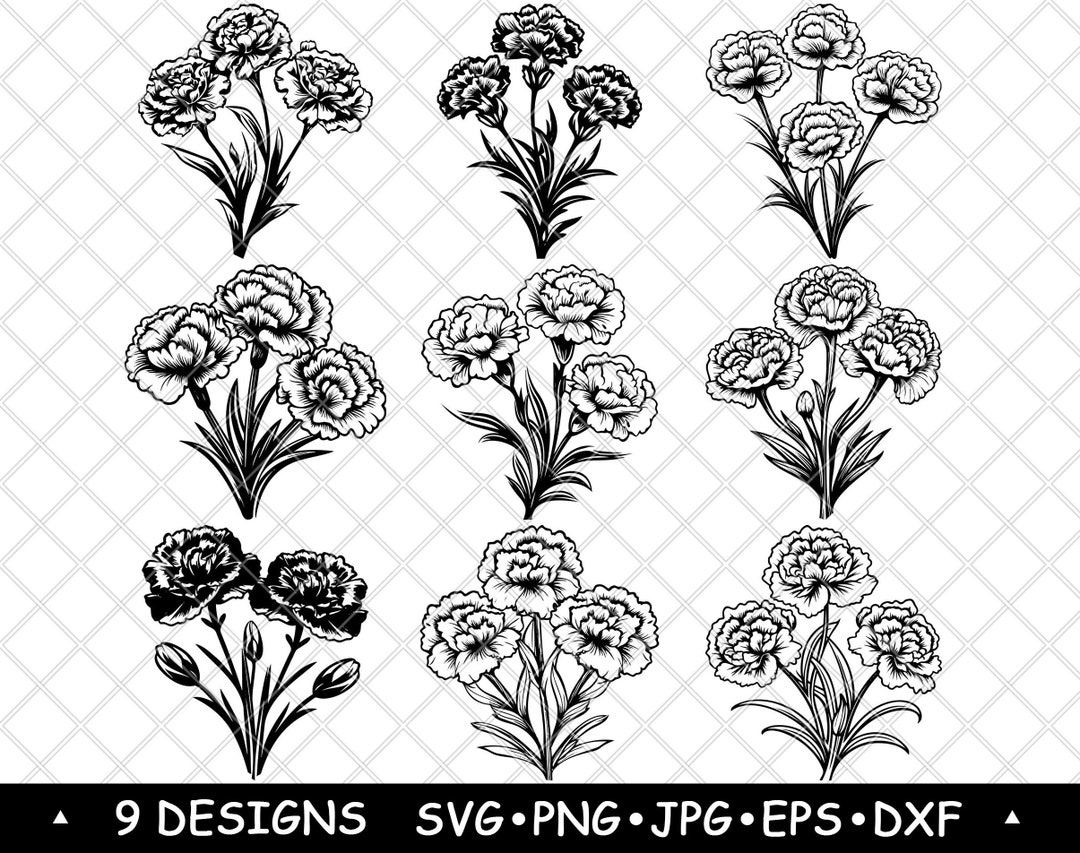 Carnation Flower SVG Bundle | Elegant Floral Line Art for Stickers ...
