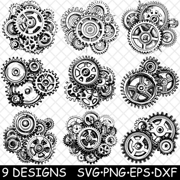 Mechanical Gear Cogs Machine System Gearbox Wheel Part Engineering SVG,Dxf,Eps,PNG,Cricut,Silhouette,Cut,Laser,Stencil,Iron-on,Clipart,Print