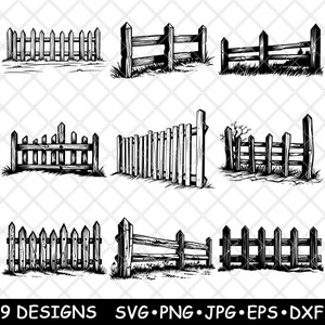 Pode incluir: Nove designs diferentes de cercas de madeira brancas e pretas. As cercas são desenhadas em um estilo simples e desenhado à mão. Todas têm alturas diferentes e um número diferente de estacas.