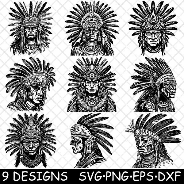 Ancien guerrier masculin aztèque, coiffe à plumes de l'armée, PNG, SVG, EPS-Cricut-Silhouette-Cut-Engrave-Stencil-Sticker, Decal, Vector, Clipart, Print