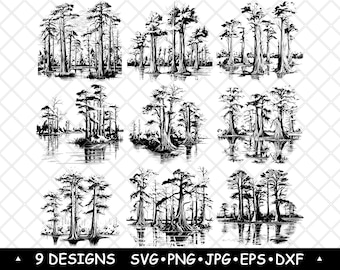 Bald Cypress Tree Water Pond Swamp Wetland Grove Moss Evergreen SVG,Dxf,Eps,PNG,Cricut,Silhouette,Cut,Laser,Stencil,Iron-on,Clipart,Print