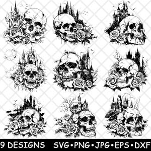 May include: Nine black and white digital designs featuring a skull with a castle behind it. The skulls are surrounded by roses and leaves.