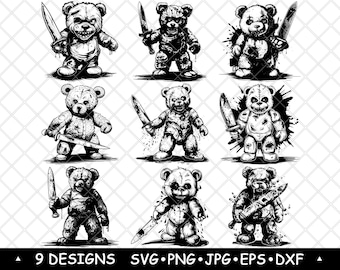 Killer Teddy Bear Bundle Horror Toy Clipart Slasher Knife Vector  Halloween Decor Laser Engraving