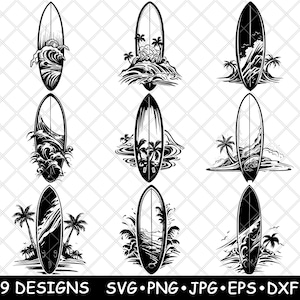 Tabla de surf Ola Tablón Artesanía Trineo Planeador Equipo Playa Rider Archivo láser SVG PNG JPG Escala de grises Quemar imagen Cortar Vector Posavasos Negro Blanco Cnc Madera