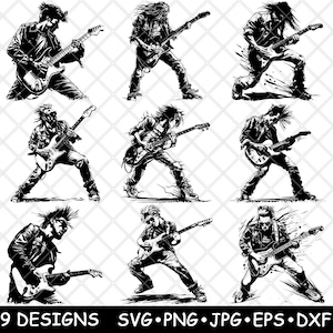 Musicista di chitarra elettrica rockstar rock n roll head bang file laser SVG PNG JPG scala di grigi brucia immagine tagliata vettore sottobicchiere nero bianco legno cnc