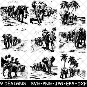 Olifanten groep wandelen kudde strand scène Afrika dieren in het wild laserbestand SVG PNG JPG grijswaarden branden afbeelding gesneden vector Coaster zwart wit CNC hout