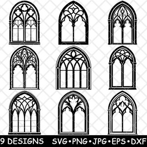 Könnte beinhalten: Neun schwarz-weiße gotische Bogenfensterdesigns. Die Fenster sind alle in verschiedenen Formen und Größen, wobei einige mehr Details aufweisen als andere.
