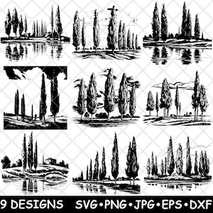 Cipresso italiano, albero, Toscana, matita, pino, conifera, pianta, file laser, SVG, PNG, JPG, scala di grigi, brucia, immagine, taglio, vettore, sottobicchiere, nero, bianco, legno CNC