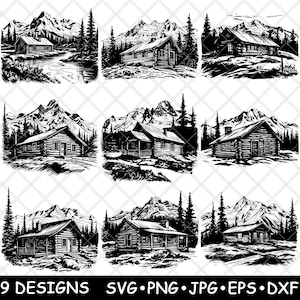 Rustieke blokhut Cottage Mountain Forest Retreat River Laserbestand SVG PNG JPG grijswaarden afbeelding branden gesneden vector Coaster zwart wit CNC hout