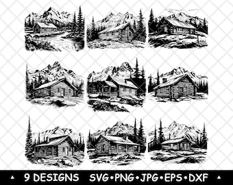 Mountain Cabin SVG Rustic Log House Landscape Designs Forest Clipart Laser Engraving Stickers Art
