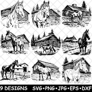 Grange rustique ferme équestre ranch de campagne Cow-boy rural fichier laser SVG PNG JPG niveaux de gris gravure image coupe vecteur sous-bock noir blanc bois cnc