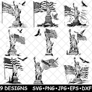 Estátua da Liberdade Bandeira Americana Águia Patriota Liberdade Arquivo Laser SVG PNG JPG Tons de Cinza Queimado Imagem Corte Vetorial Porta-copos Preto Branco Madeira Cnc
