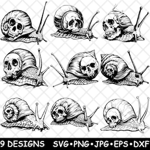 Skull Snail SVG Bundle Gothic Mollusk Clipart Macabre Shell Vector Files Laser Engraving Art