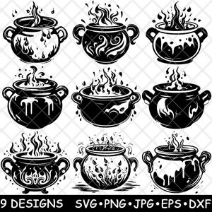 Puede incluir: Nueve ilustraciones vectoriales en blanco y negro de calderos con llamas. Los calderos son de varios estilos, algunos con líquido goteando, otros con llamas arremolinadas y otros con diseños ornamentados.