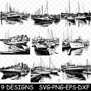 Luxury Yacht Dock Marina Boat Vessel Wharf Anchor Cruise Coaster Black White Laser SVG PNG Grayscale Burn Image Cut Engrave Coaster Cnc Wood