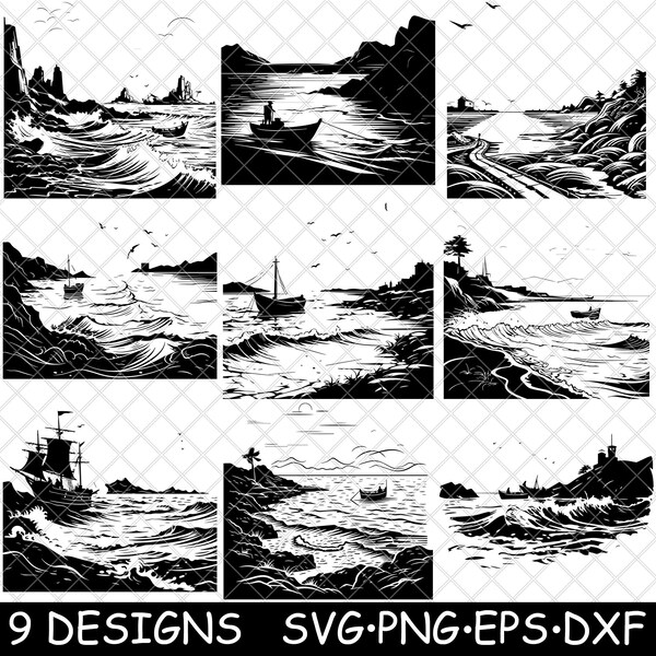 Zeegezicht Kust Landschap Oceaan Uitzicht Strand Landschap Kust Zon SVG,DXF,Eps,PNG,Cricut,Silhouette,Cut,Laser,Stencil,Sticker,Clipart,Print