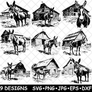 Rustikale Scheune Esel Mule Mini Esel Burro Old Farm Ranch Laser Datei SVG PNG JPG Graustufen Brennen Bild Schnitt Vektor Untersetzer Schwarz Weiß Cnc Holz