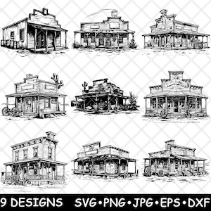 Może przedstawiać: Dziewięć czarno-białych rysunków budynków w stylu western. Każdy budynek ma unikalny projekt i zawiera takie detale jak drzwi, okna i werandy. Budynki znajdują się na prostym tle.