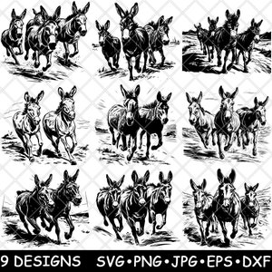 Maultier Esel Burro Mini Pferd Galopplauf Ranch Tier Art Laser Datei SVG PNG JPG Brennen Bild Untersetzer Schwarz Weiß Cnc Holz