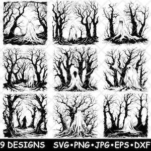Haunted Forest Ghost Dode bomen Spooky Woods Halloween laserbestand SVG PNG JPG grijswaarden afbeelding branden gesneden vector Coaster zwart wit CNC hout
