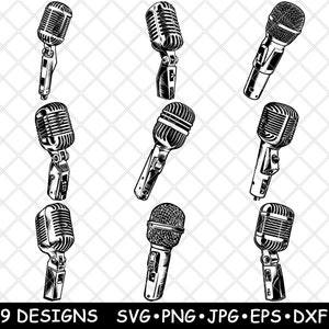 Microfono vintage Registrazione vocale Microfono dinamico da studio File laser SVG PNG JPG Scala di grigi Immagine bruciata Taglio Vettore Sottobicchiere Nero Bianco Legno CNC