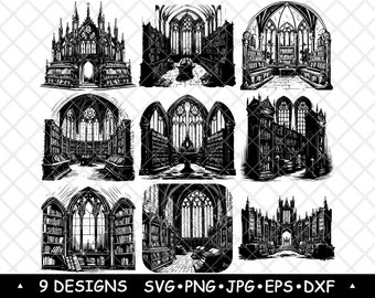 Gothic Cathedral Library SVG Bundle Stained Glass Interior Clipart Dark Academia Decor Laser PNG