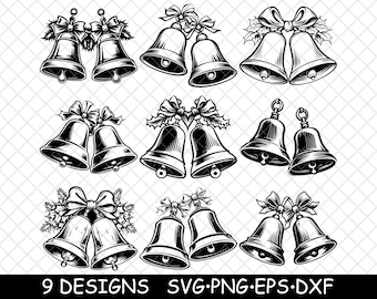 Christmas Bells Holiday Jingles Chime Yule Season Merry Laser File SVG PNG JPG Grayscale Burn Image Cut Cricut Coaster Black White Cnc Wood