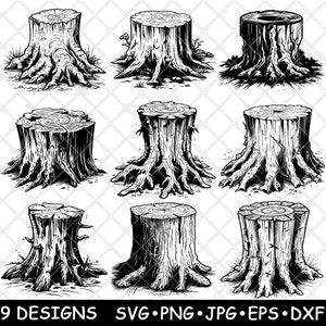 Tree Stump Trunk Base Roots Cut Slice Timber Chop Bark Laser File SVG PNG JPG Grayscale Burn Image Cut Vector Coaster Black White Cnc Wood