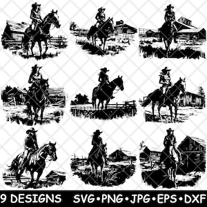 Rustic Barn Cowgirl Lone Wild Western Farm Ranch Horse Laser File SVG PNG JPG Grayscale Burn Image Cut Vector Coaster Black White Cnc Wood