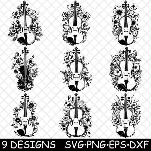 Violin Floral Music Orchestra Bowed String Instrument Coaster Black White Laser File SVG Dxf PNG Glowforge Lightburn Cut Engrave Coaster Cnc