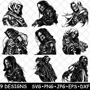 Mecánico Steampunk Grim Reaper Oscuro Esqueleto Cyberpunk Archivo Láser SVG PNG JPG Escala de Grises Quemar Imagen Cortar Vector Posavasos Negro Blanco Cnc Madera