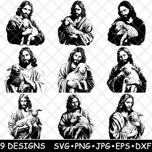 Jesús Cordero Dios Salvador Cristo Mesías Redentor Religioso Archivo láser SVG PNG JPG Escala de grises Quemar imagen Cortar Vector Posavasos Negro Blanco Cnc Madera