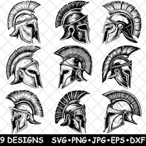 May include: Nine black and white vector illustrations of Spartan helmets with plumes. The helmets are in various styles and angles.
