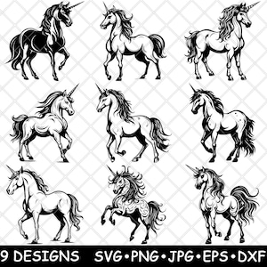 Licorne cheval magique mythe créature fantastique conte de fées fichier laser SVG PNG JPG niveaux de gris gravure image coupe vecteur sous-verre noir blanc Cnc bois