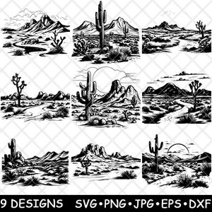 Mojave-Wüste Landschaft Trockenregion Joshua Bäume Sand PNG, SVG, EPS, Cricut, Silhouette, Ausschneiden, Gravieren, Schablone, Aufkleber, Aufkleber, Vektor, Clipart, Drucken