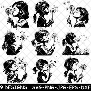 Kleines Mädchen Blowing Dandelion Wildblumen Sommer Wunsch Laser-Datei SVG PNG JPG Brennen Bild geschnitten SVG Schwarz Weiß Cnc Holz