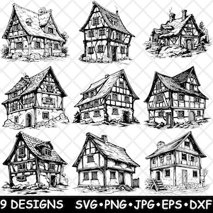 May include: Nine black and white illustrations of different styles of houses with gabled roofs and timber framing. The houses are drawn in a vintage style.