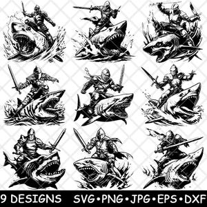 May include: Nine black and white vector illustrations of a knight riding a shark. Each illustration features a knight in full armour holding a sword and riding a shark with its mouth open. The illustrations are perfect for use in a variety of projects, such as t-shirts, mugs, stickers, and more.